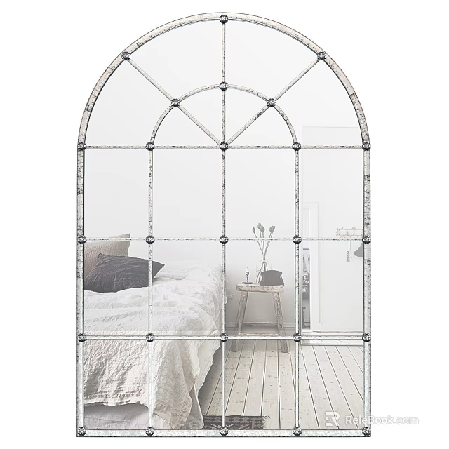 Arched Iron Frame Mirror in Bedroom Reflecting Bed Nightstand and Wooden Floor 3d model 
