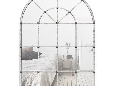 Arched Iron Frame Mirror in Bedroom Reflecting Bed Nightstand and Wooden Floor 3d model