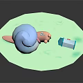 3D Illustration Of Cute Pink Snail With Blue Shell Near Blue Mailbox On Green Grass