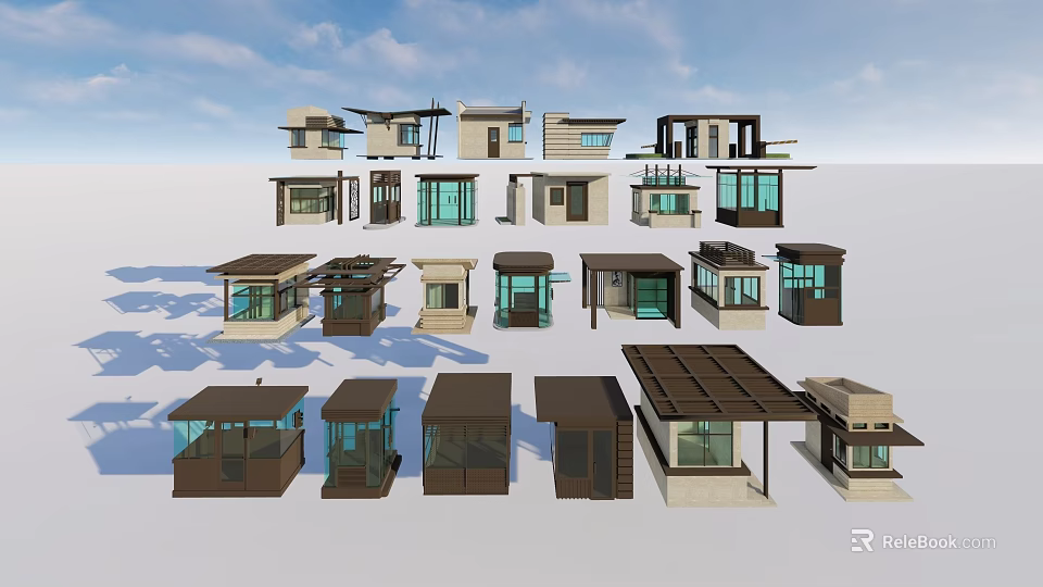 Modern Architectural Models Featuring Various Designs Roofs And Glass Structures 3d model