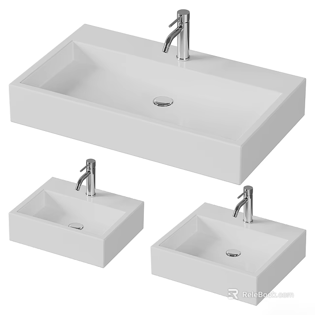 Three Modern White Ceramic Countertop Washbasins Design With Chrome Faucets For Bathroom 3d model 