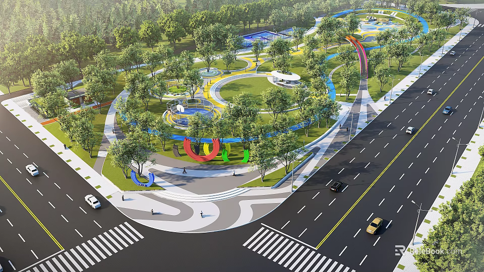 Park Landscape With Lush Greenery Winding Pathways And Scenic Lawns 3d model