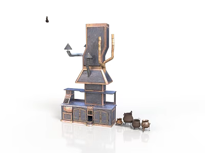 Medieval Blacksmith Workshop Structure With Tall Tower And Clay Pots 3d model