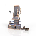 Medieval Blacksmith Workshop Structure With Tall Tower And Clay Pots