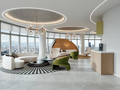 Modern Reception Interior With Front Desk Sofa Chandeliers And Floor To Ceiling Windows 3d model
