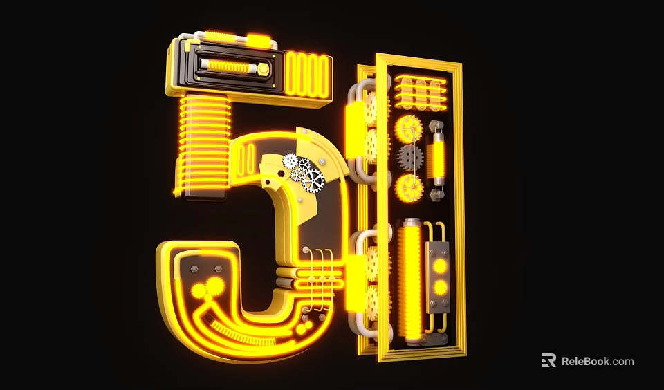Futuristic Mechanical Art Installation Number 5 Featuring Yellow Neon Gears And Pipes 3d model 