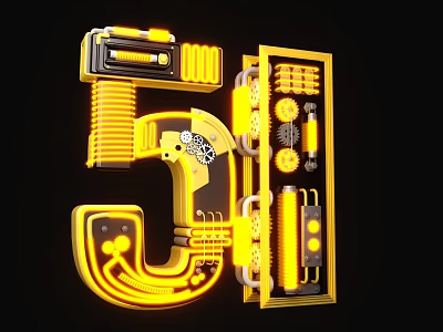 Futuristic Mechanical Art Installation Number 5 Featuring Yellow Neon Gears And Pipes 3d model