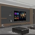Modern Living Dining Room Interior With TV Wall Marble Coffee Table Leather Ottoman Green Plant
