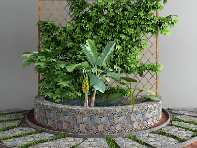 Lush Green Vines Growing On Bamboo Lattice Surrounding Circular Stone Planter In Garden 3d model