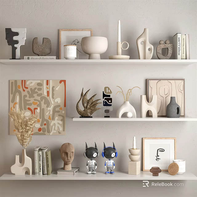 Modern Decorative Ornament Set With Shelves Sculptures Vases Candle Holders And Artworks 3d model 