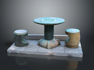 Stone Outdoor Table With Round Grid Pattern Tabletop And Carved Base Stone Stools 3d model