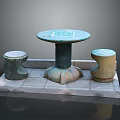 Stone Outdoor Table With Round Grid Pattern Tabletop And Carved Base Stone Stools 3d model
