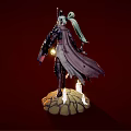 Mythical Game Character With Horned Armor Saw Sword Shield Stone Base Candles On Red Background