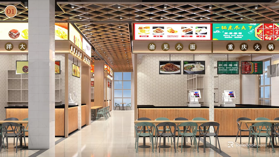 Modern Restaurant Interior With Food Counters Menu Displays And Tables In Bright Spacious Dining Area 3d model 