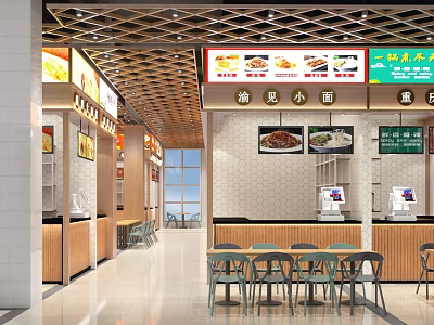 Modern Restaurant Interior With Food Counters Menu Displays And Tables In Bright Spacious Dining Area 3d model