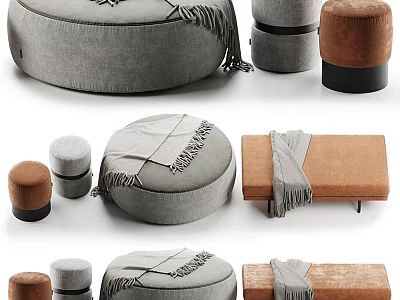 Stylish Gray Brown Ottoman Collection With Round Square Shapes Tassels And Throw Blankets 3d model