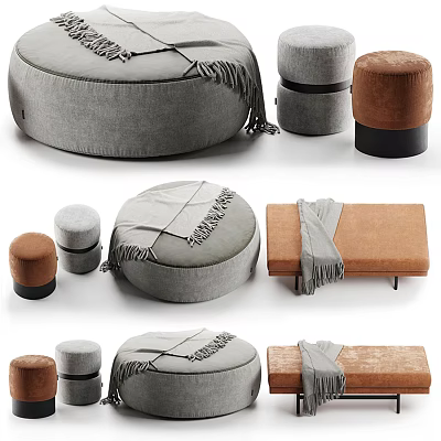 Stylish Gray Brown Ottoman Collection With Round Square Shapes Tassels And Throw Blankets 3d model