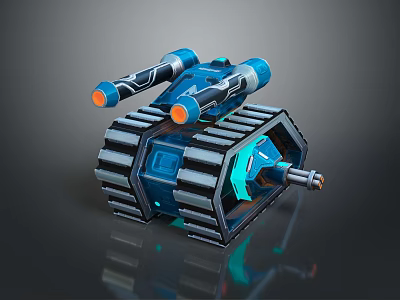 3D Tank Model Design Featuring Dual Cannons Orange Tips Black Tracks And Blue Glowing Base 3d model