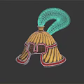 Traditional Ancient Helmet With Yellow Body Red Trim And Curved Purple Plume