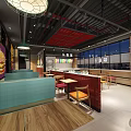 Modern Fast Food Restaurant Interior With Red Grid Ceiling Wooden Tables And Colorful Seats