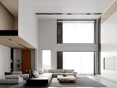 Bright Modern Minimalist High Ceiling Living And Dining Room With Comfortable Sofa And Large Windows 3d model