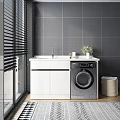 Bathroom Vanity Cabinet with Washing Machine White Countertop Sink Faucet Toiletries and Potted Plant