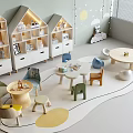 Kids Room With House Shaped Bookshelves Colorful Tables Chairs Round Rug And Moon Star Decorations