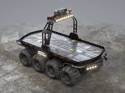 Industrial Flatbed Transport Vehicle With Multiple Large Wheels And Top Mounted Lights On Rough Terrain 3d model