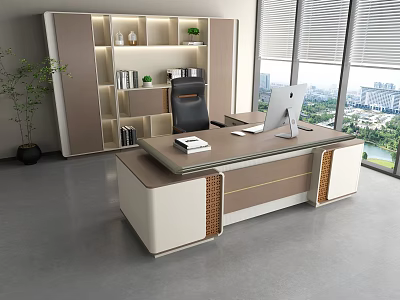 Modern Office Interior With Large Desk Office Chair Bookshelf Green Plant And City View Windows 3d model