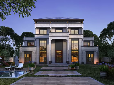 Modern Two Story Detached Villa With Swimming Pool Garden Greenery And Evening Lighting 3d model