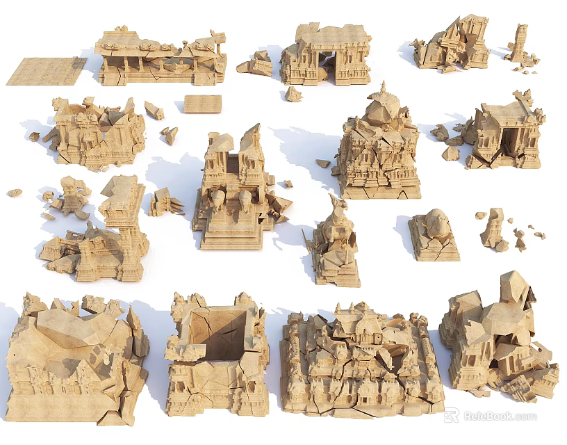 Various Ancient Sandstone Architectural Components With Detailed Carved Structural Elements 3d model 