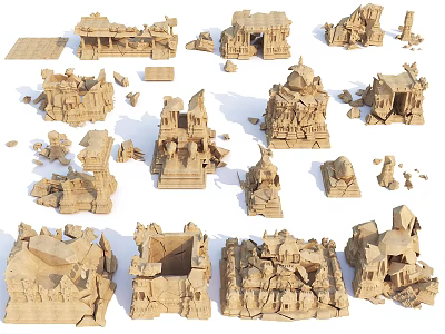 Various Ancient Sandstone Architectural Components With Detailed Carved Structural Elements 3d model