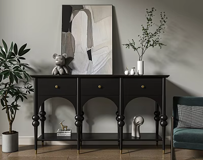 Modern Entryway Console Table With Black Design Gold Handles And Decorative Vases Artwork Plants 3d model
