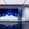 Modern Exhibition Hall With Blue Starry Sky Background Mountain Shaped Display Platform And Reflective Floor