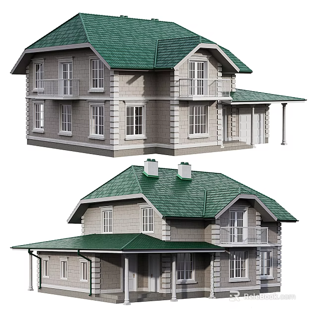 Two Storey Detached Villa With Green Roof Stone Exterior And Balcony Windows 3d model 