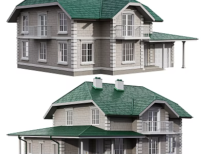 Two Storey Detached Villa With Green Roof Stone Exterior And Balcony Windows 3d model