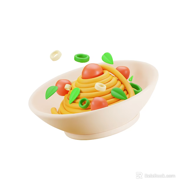 Fresh Delicious Spaghetti In Bowl With Tomatoes Green Herbs And Onion Rings 3d model 