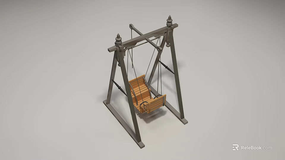 Outdoor Playground Swing Equipment With Decorative Tops Metal Frame And Wooden Seat 3d model 