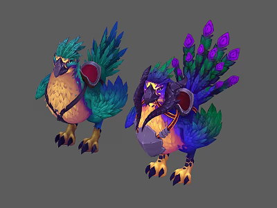 Vibrant Mythical Flying Animals With Blue Green Purple Feathers Sharp Claws And Saddles 3d model