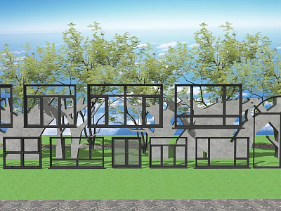 Modern Building Structure With Green Lawn Trees And Blue Sky Background 3d model