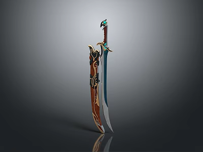 Ornate Fantasy Sword With Elaborate Hilt Decorative Red Gold Accents And Blue Blade 3d model