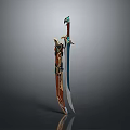 Ornate Fantasy Sword With Elaborate Hilt Decorative Red Gold Accents And Blue Blade
