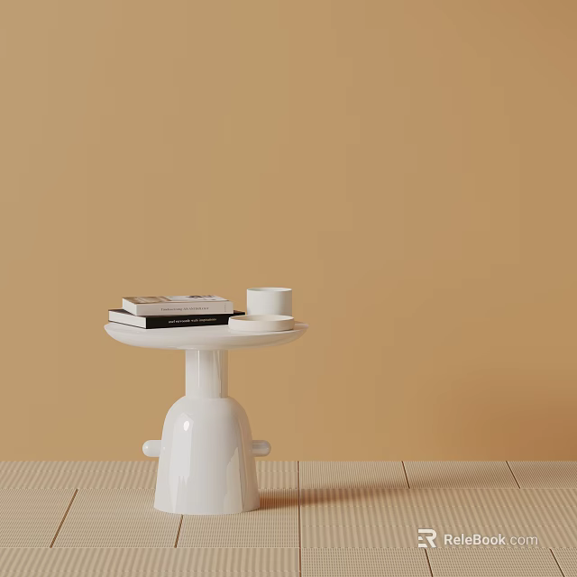 White Side Table With Stacked Books And White Cup Against Beige Wall And Wooden Floor 3d model 