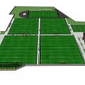 Well Designed Soccer Fields With Multiple Green Turf Buildings Grandstand And Floodlights