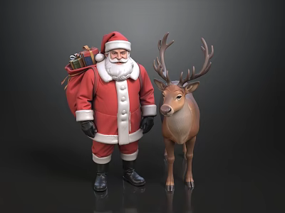 Santa Claus In Red Outfit With Gift Sack Standing Beside Reindeer 3d model