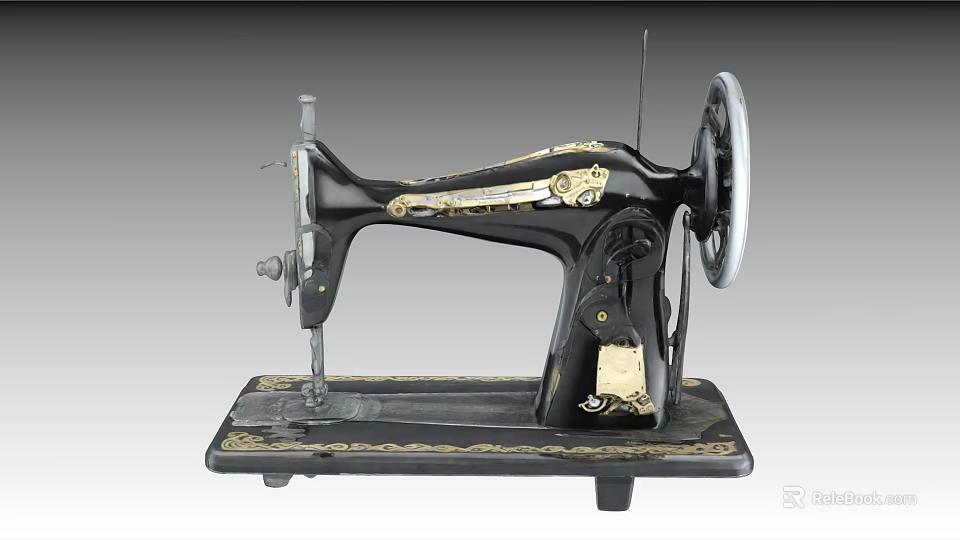 Vintage Black Sewing Machine With Gold Decorations Classic Retro Design And Base 3d model 