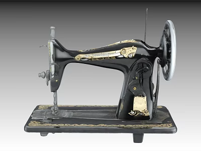 Vintage Black Sewing Machine With Gold Decorations Classic Retro Design And Base 3d model