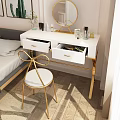 White Dressing Table with Gold Legs Round Mirror Gold Chair and Cosmetics Plant