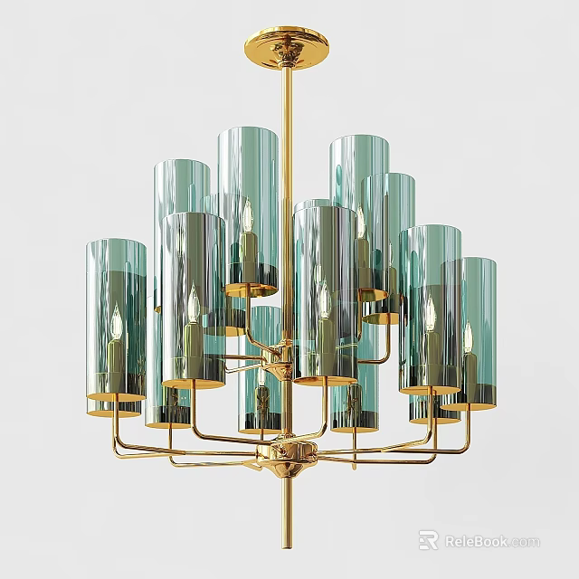 Elegant Modern Chandelier Featuring Green Glass Cylinders And Gold Metal Structure 3d model 