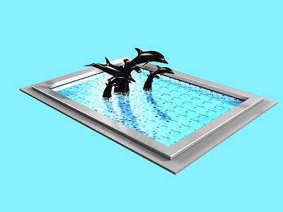 Garden Ornament Square Pool With Black Dolphin Sculptures And Metal Frame Water Ripples 3d model